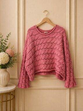 POL Small Pink Cable Knit Scoop Neck Cropped Sweater